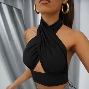 SHEIN Black Cross Halter Crop Top